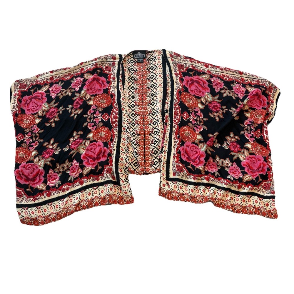 Angie Open Front Floral Kimono Cover Up Sz Medium Black Pink Boho Shawl Bohemian